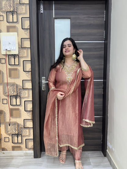 Nazara Dusty Rose Tusser Silk Embroidered Suit Set with Cotton Lining