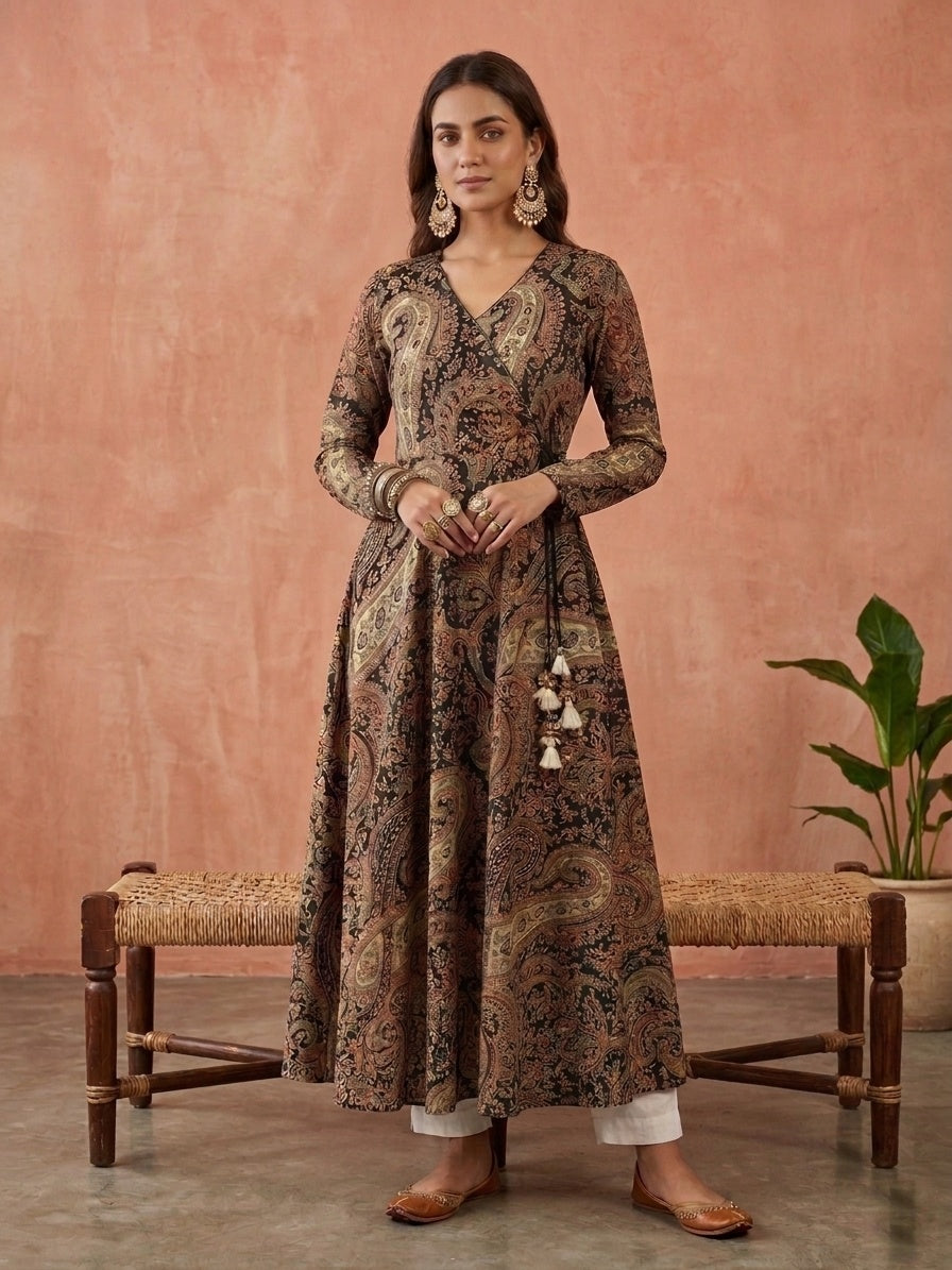 Anarkali cotton kalamkari kurti for perfect for office & daily wear - Black
