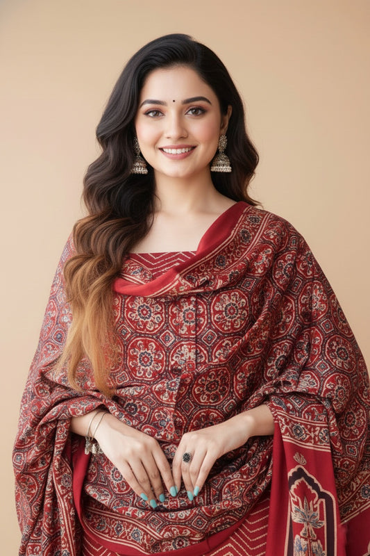 Modal Silk Ajrakh 2 Piece Unstitched Suit