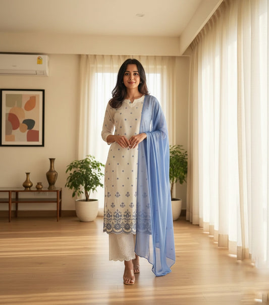 Kiara Cotton Kurta Embroidery Work Kurti Pant And Dupatta