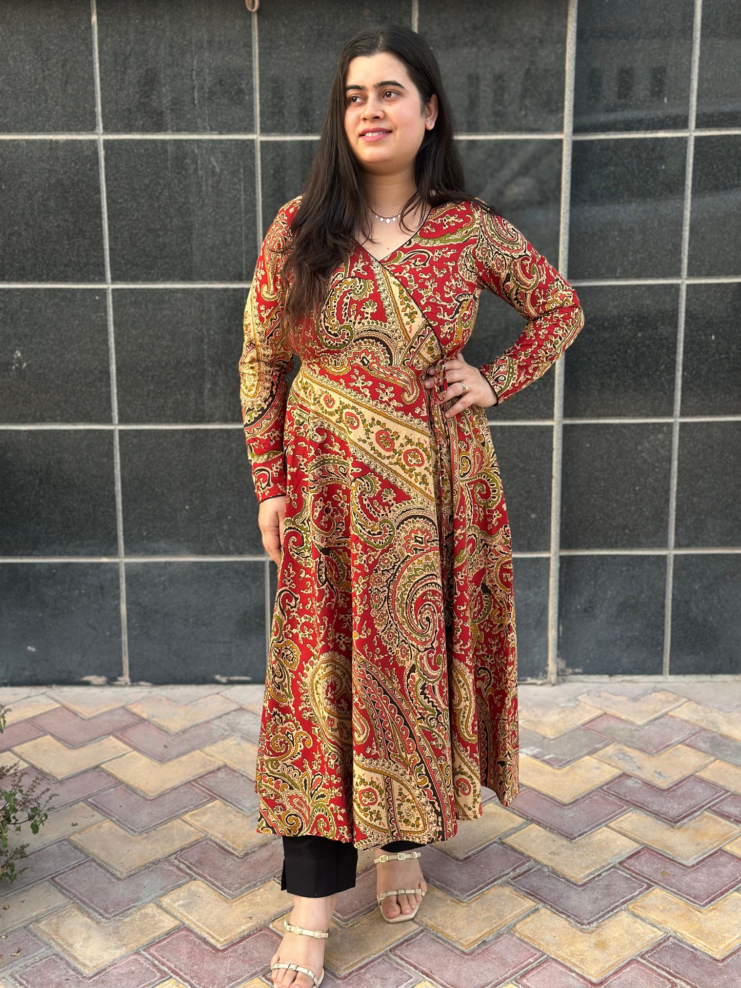 Anarkali cotton kalamkari kurti for perfect for office & daily wear - Red