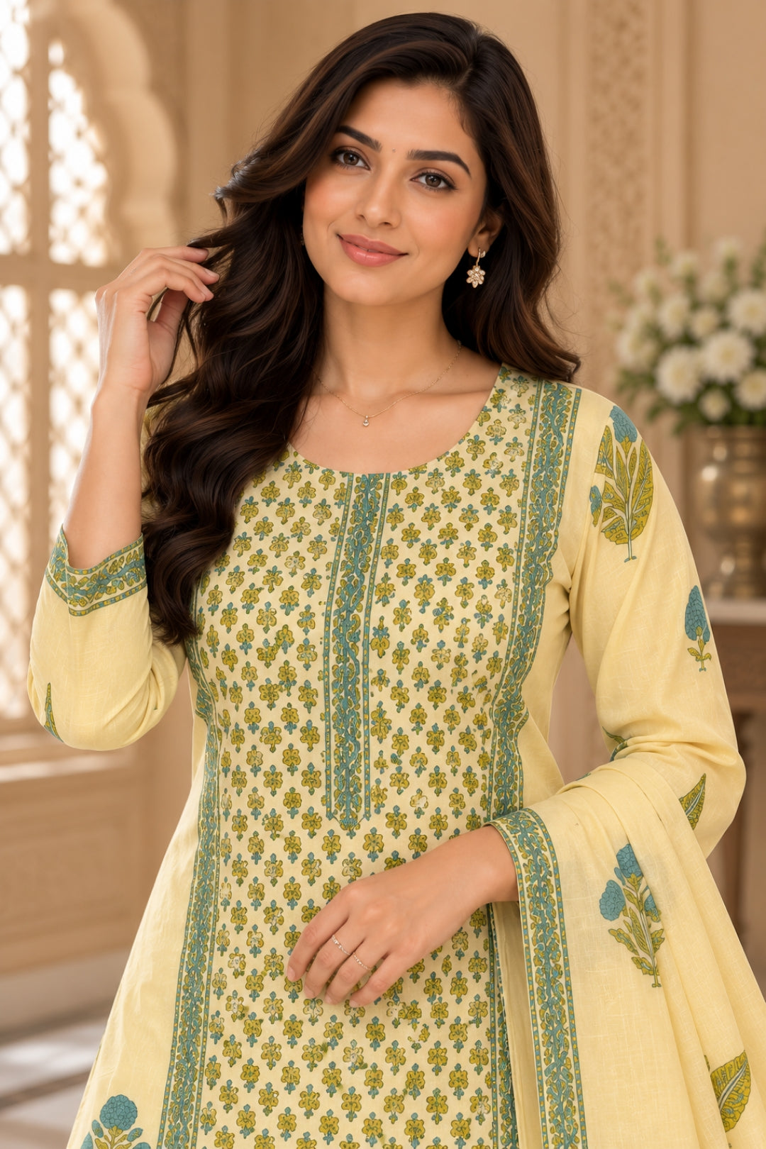 NAZAKAT cotton kurta set with pants & dupatta green