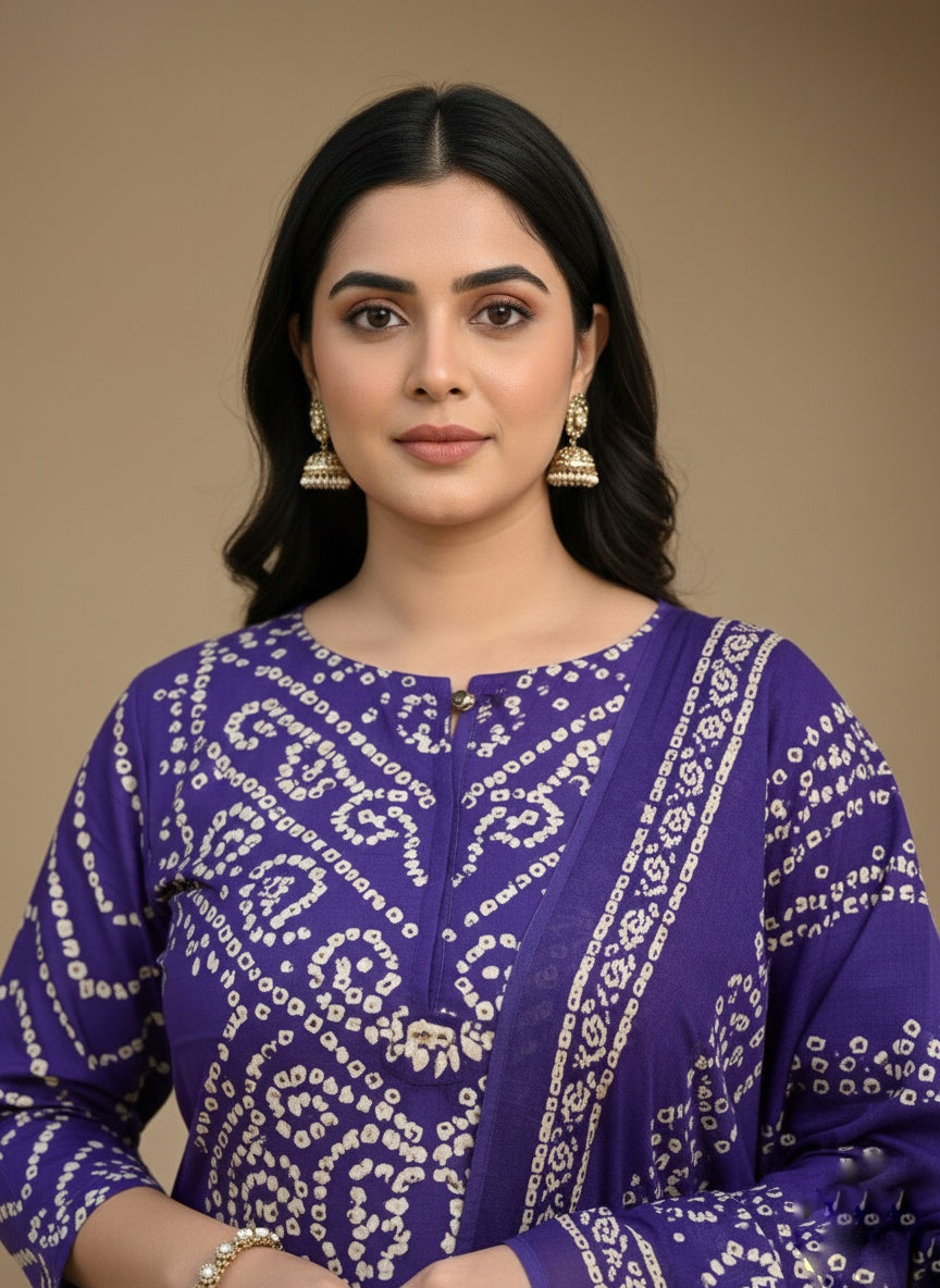 Amayra Cotton Kurta Embroidery Work Kurti Pant And Dupatta -purple