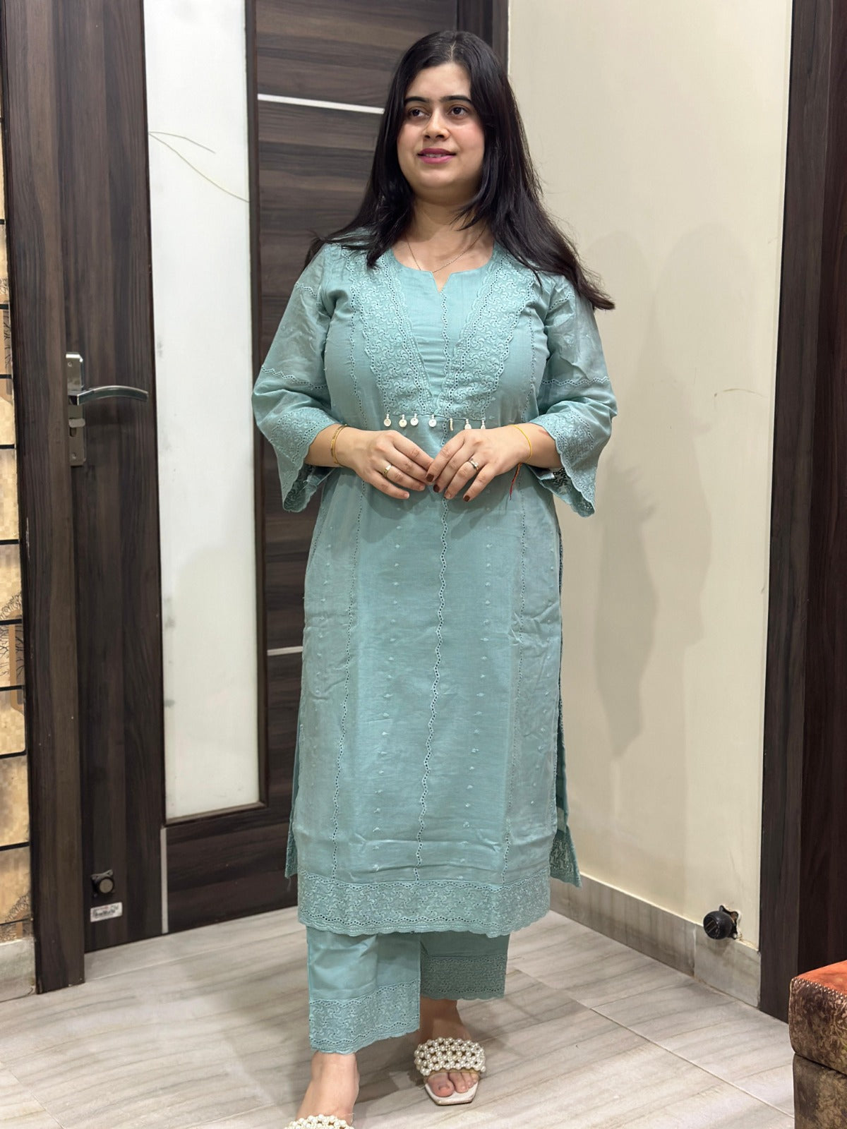 Mehar premium chikankari cotton Kurta & Pant with cotton lining blue