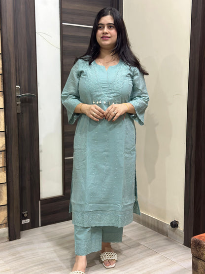 Mehar premium chikankari cotton Kurta & Pant with cotton lining blue