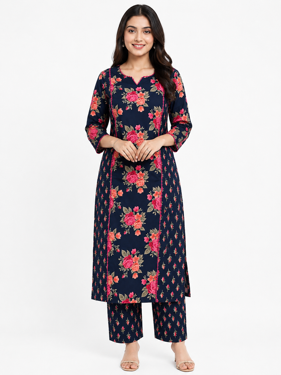 Noor kalamkari angrakha cotton Kurta & Pant Blue