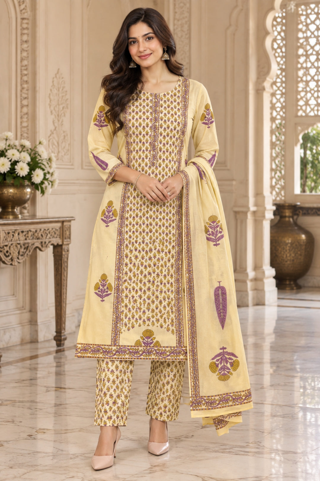 NAZAKAT cotton kurta set with pants & dupatta lilac