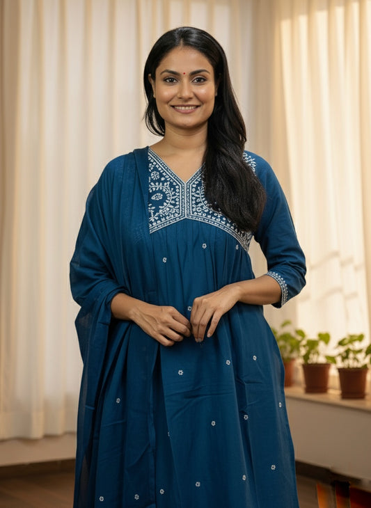 Mul Mul Cotton Suit For Women BLU