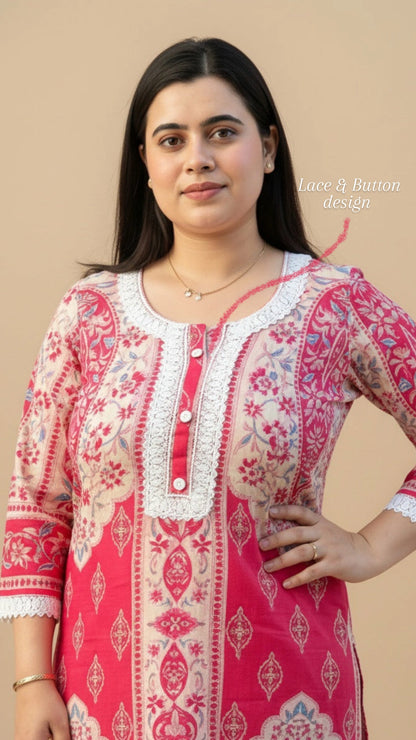 Airy Cotton kalamkari kurti for women- Pink