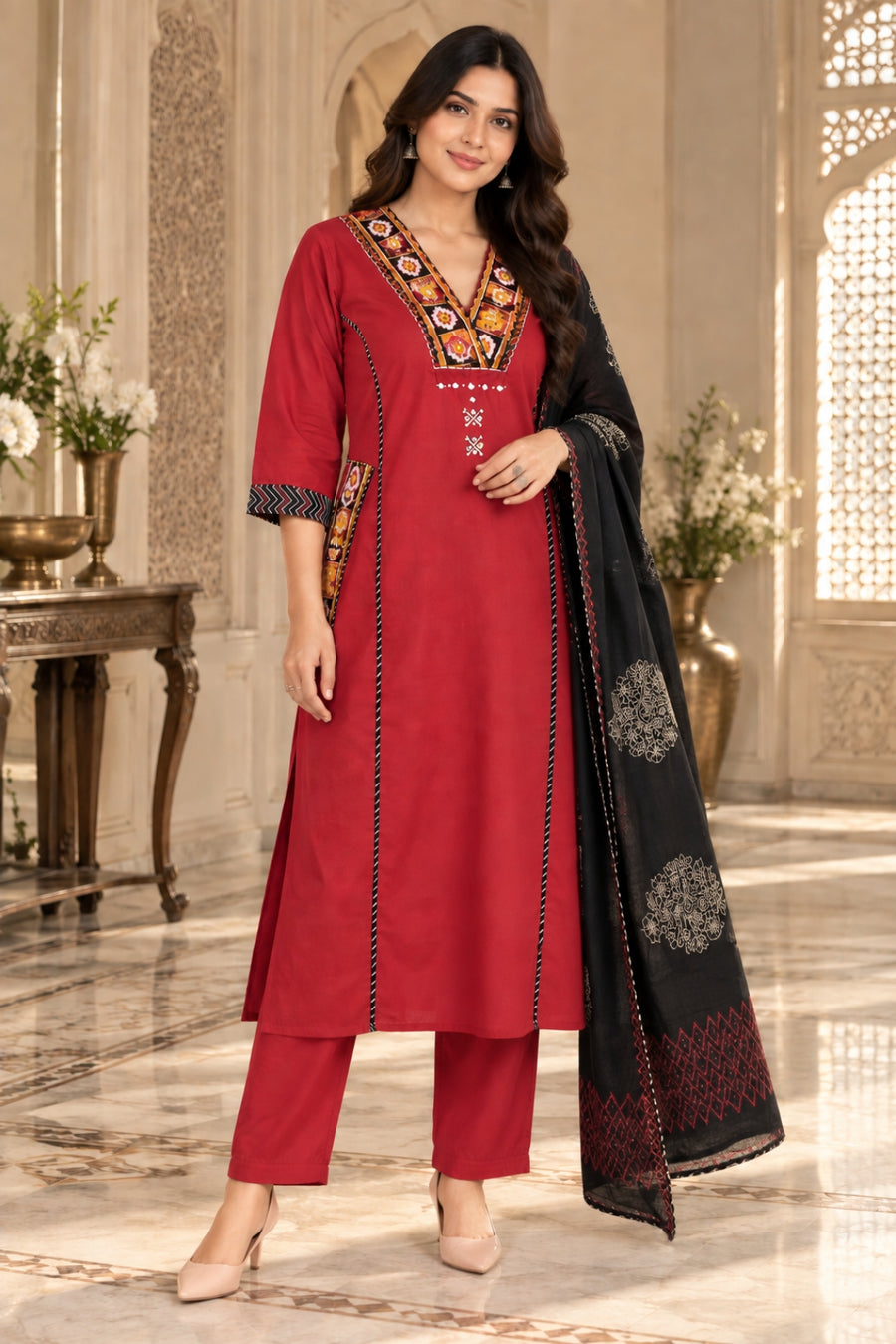 NAZAKAT thread work cotton kurta set with pants & dupatta