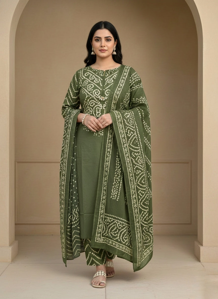 Amayra Cotton Kurta Embroidery Work Kurti Pant And Dupatta -Green