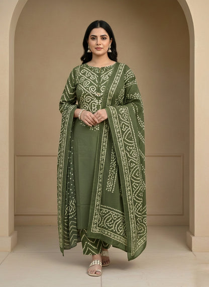 Amayra Cotton Kurta Embroidery Work Kurti Pant And Dupatta -Green