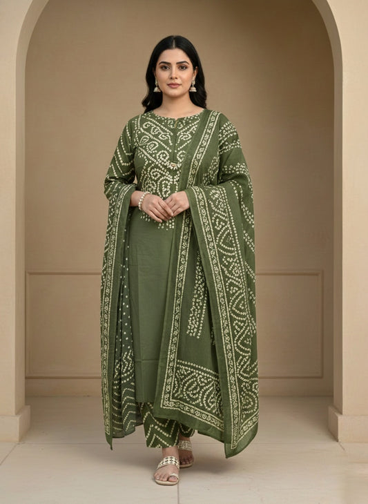 Amayra Cotton Kurta Embroidery Work Kurti Pant And Dupatta -Green