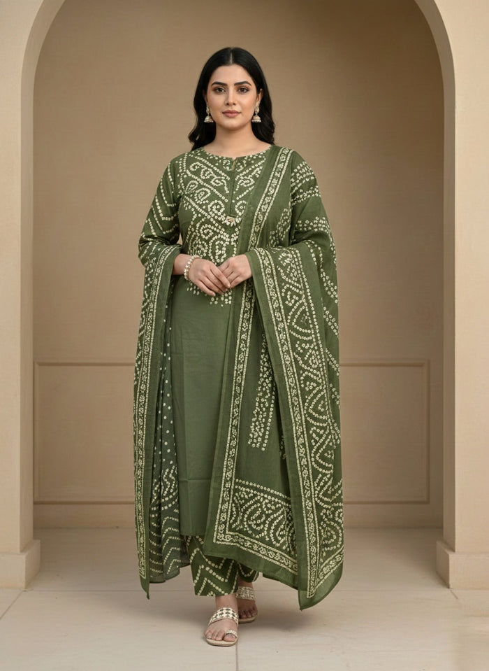 Amayra Cotton Kurta Embroidery Work Kurti Pant And Dupatta -Green
