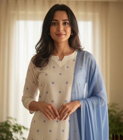 Kiara Cotton Kurta Embroidery Work Kurti Pant And Dupatta