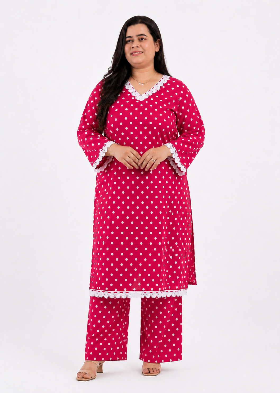 Gulzar polka dot cotton cord set pink