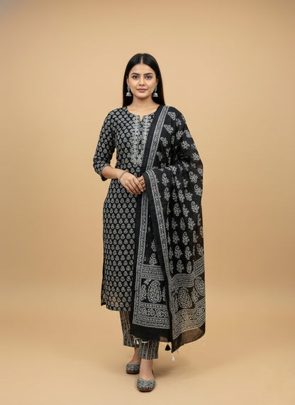 Black Print Cotton Suit