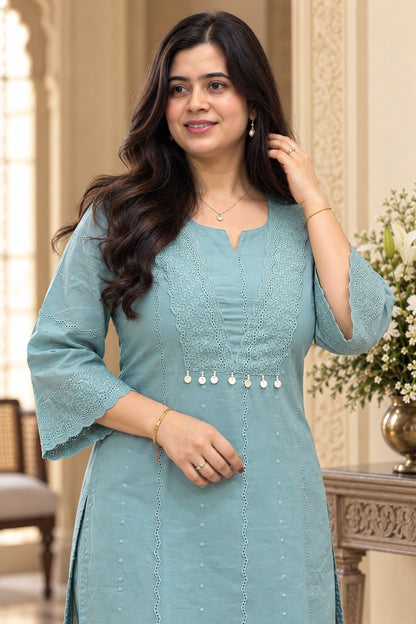Mehar premium chikankari cotton Kurta & Pant with cotton lining blue