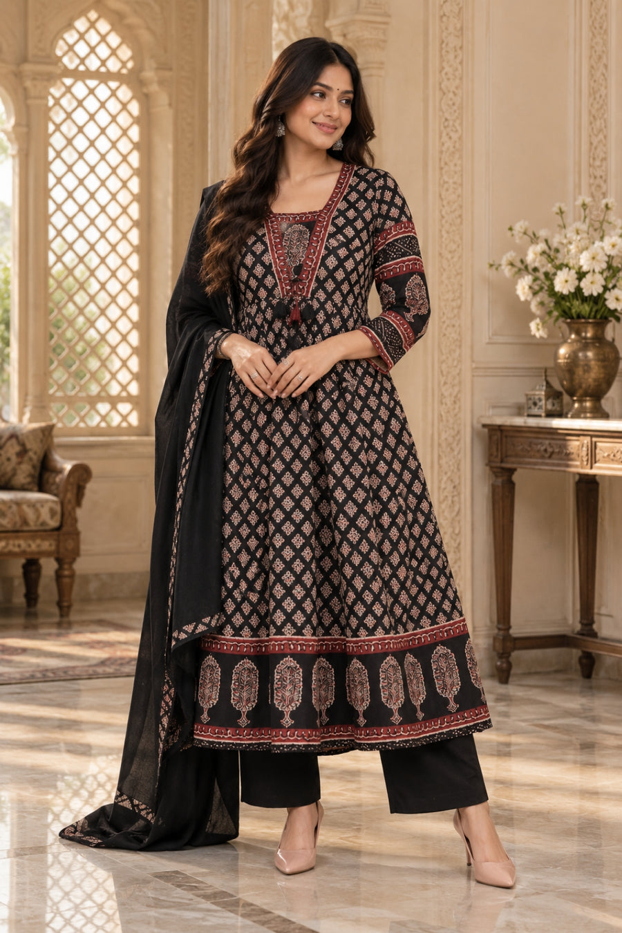 NAZAKAT cotton kurta set with pants & dupatta black