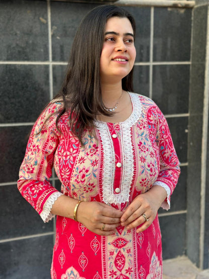 Airy Cotton kalamkari kurti for women- Pink