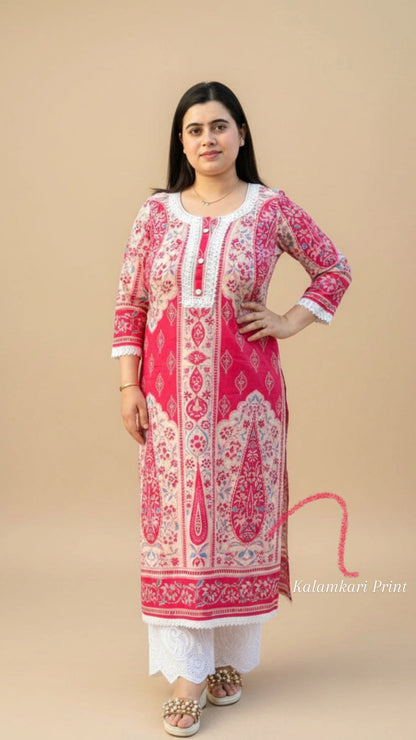 Airy Cotton kalamkari kurti for women- Pink