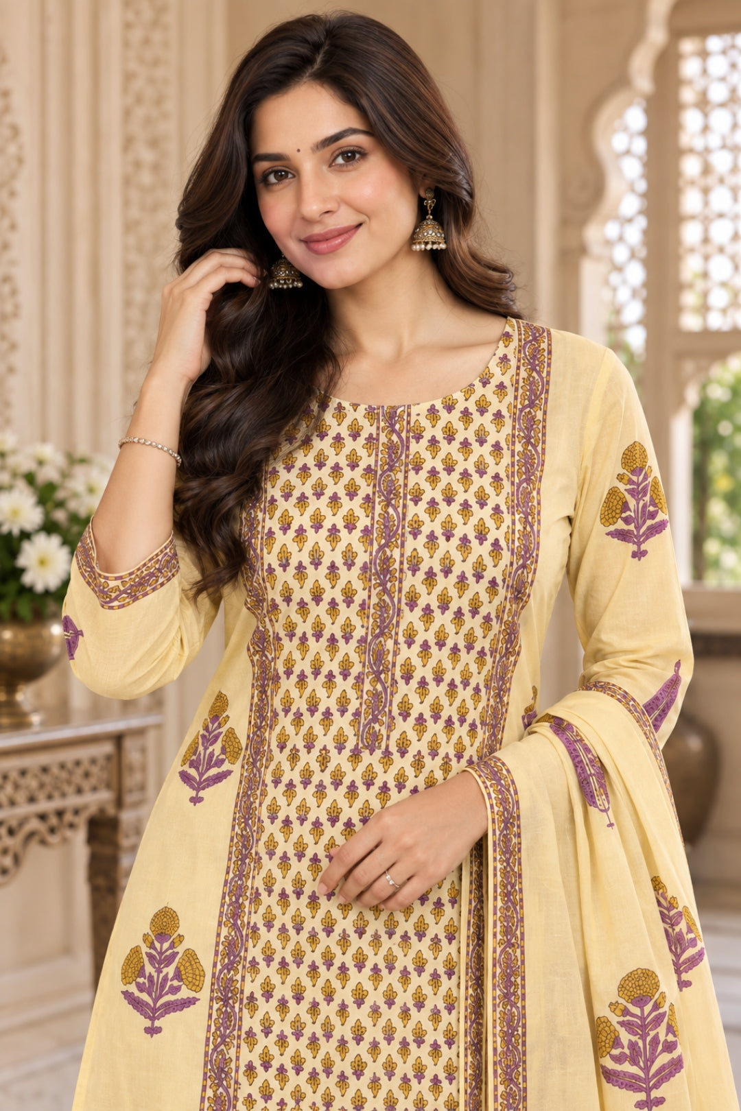 NAZAKAT cotton kurta set with pants & dupatta lilac