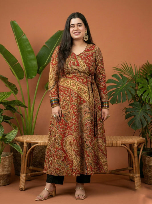 Anarkali cotton kalamkari kurti for perfect for office & daily wear - Red