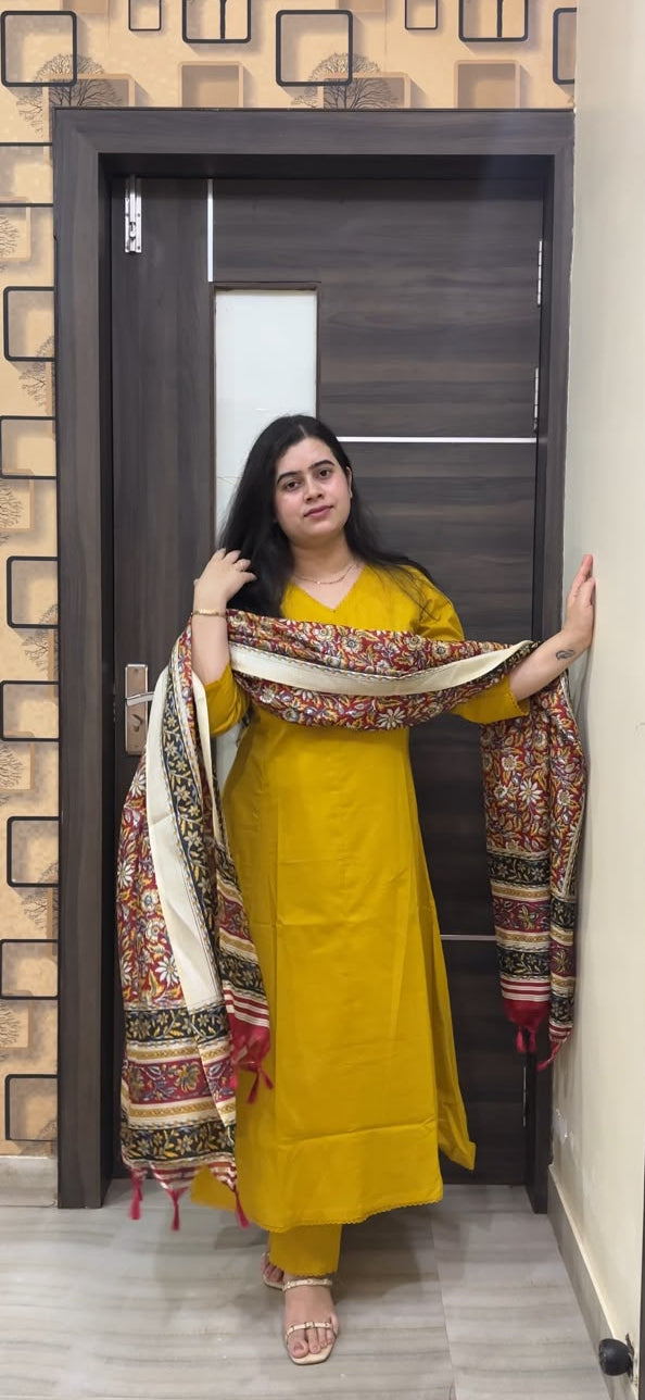 Gulzar Yellow Kurta set with pant & kalamkari dupatta
