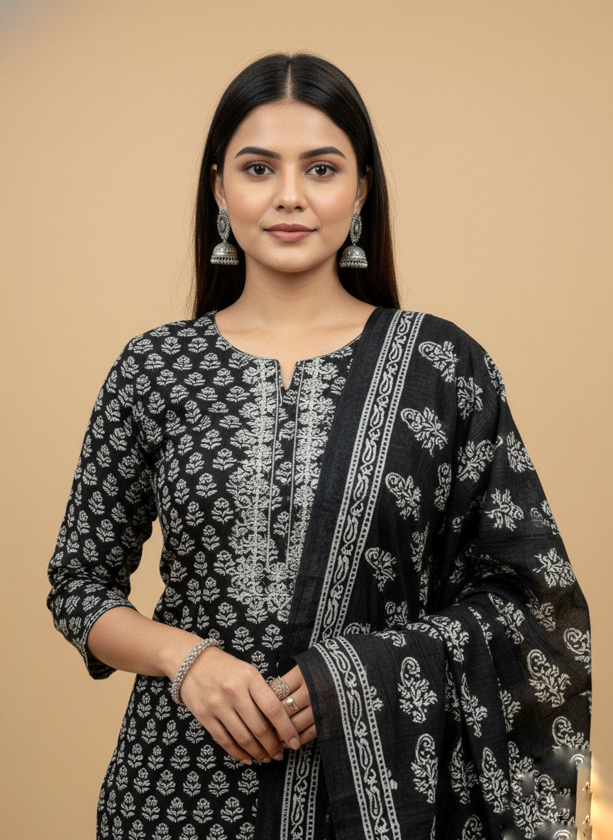 Black Print Cotton Suit