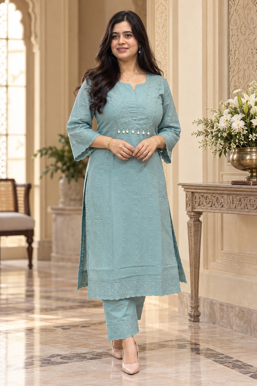 Mehar premium chikankari cotton Kurta & Pant with cotton lining blue