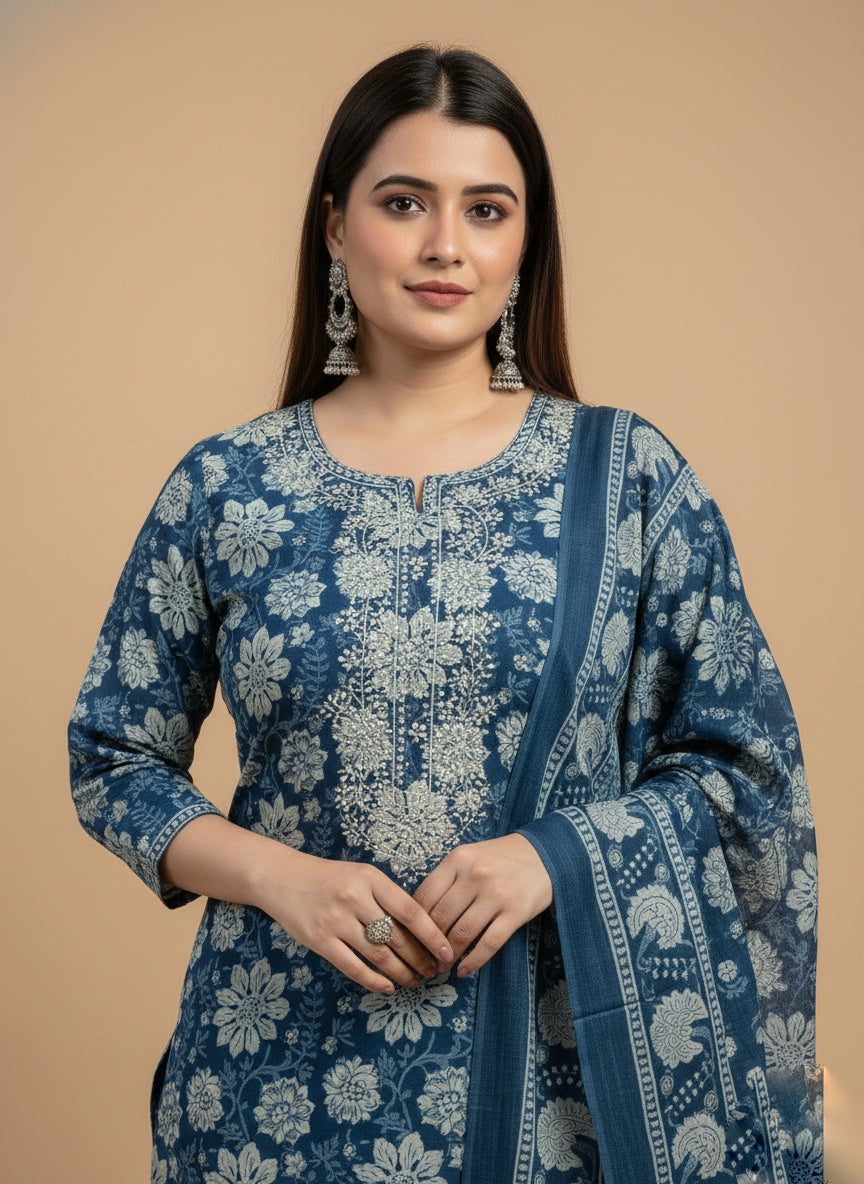 Indigo Print Cotton Suit