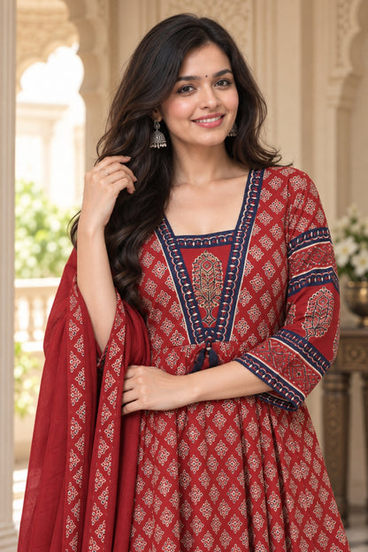 NAZAKAT cotton kurta set with pants & dupatta red