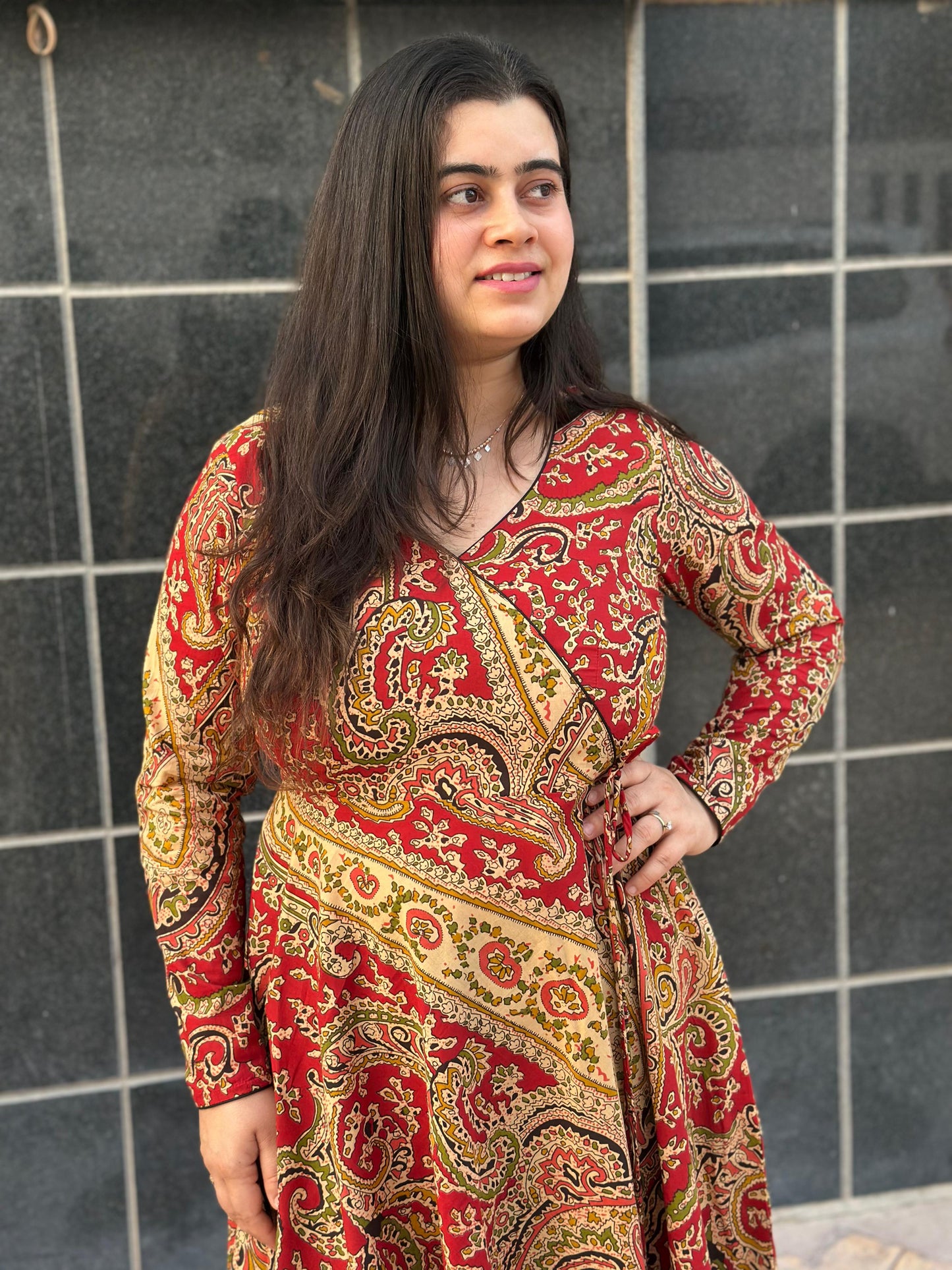 Anarkali cotton kalamkari kurti for perfect for office & daily wear - Red