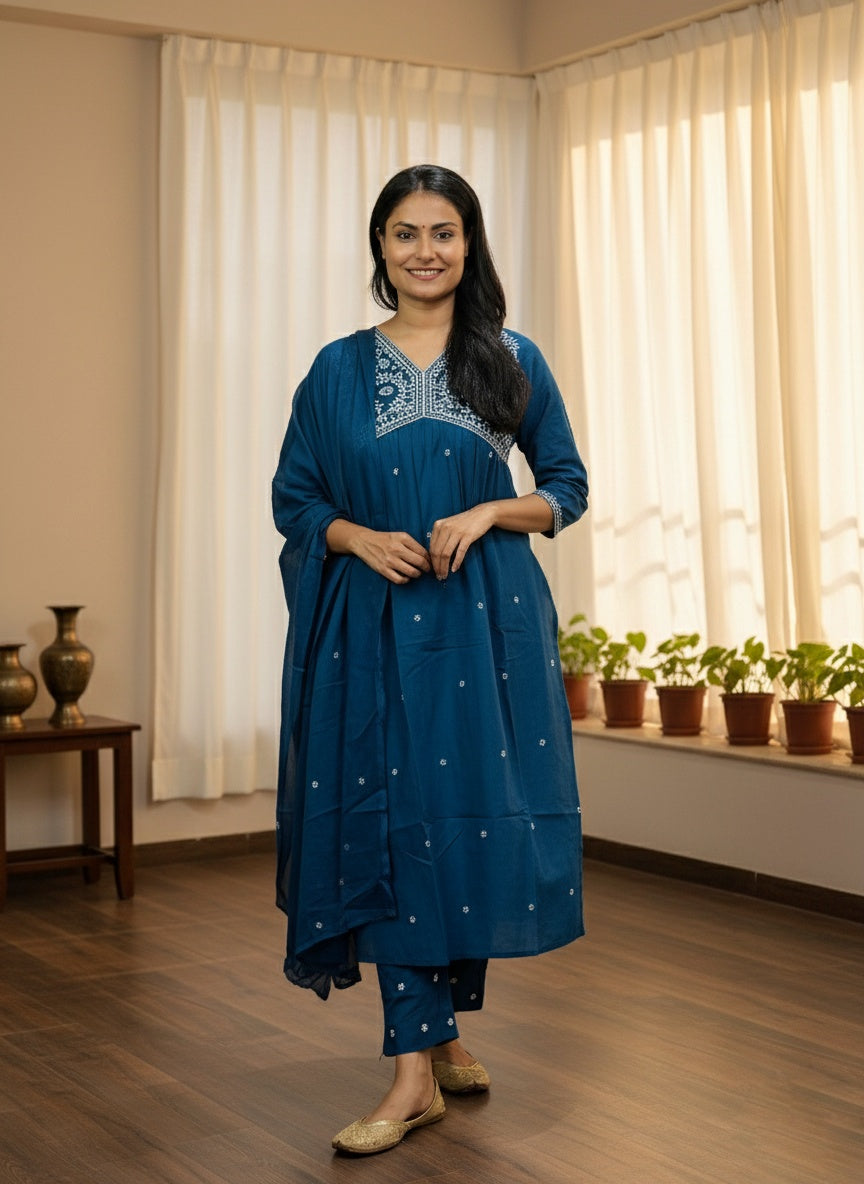 Mul Mul Cotton Suit For Women BLU