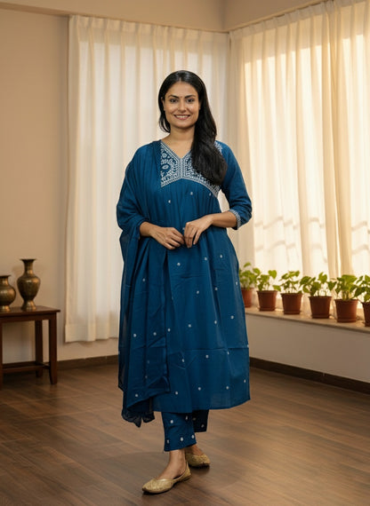 Mul Mul Cotton Suit For Women BLU