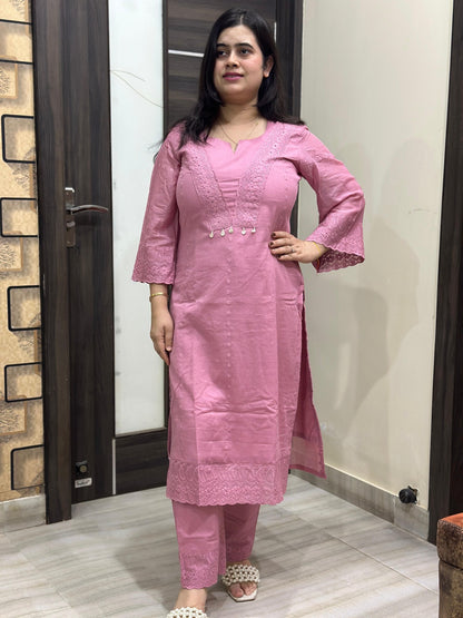 Mehar premium chikankari cotton Kurta & Pant with cotton lining pink