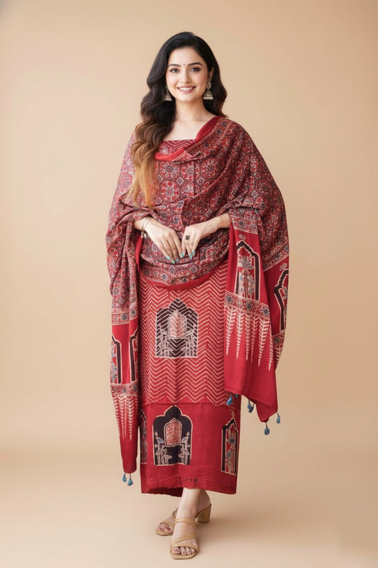 Modal Silk Ajrakh 2 Piece Unstitched Suit