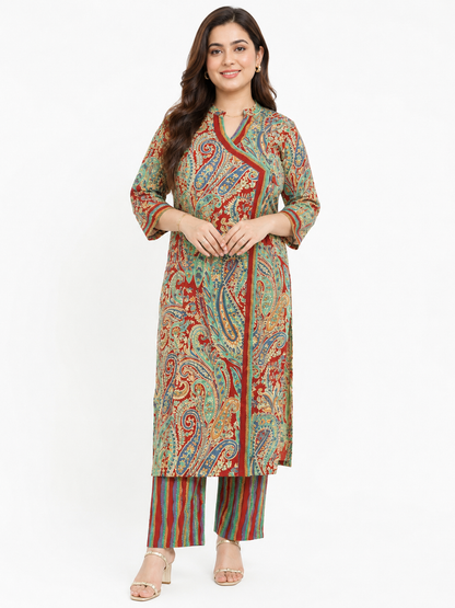 Noor kalamkari angrakha cotton Kurta & Pant Red