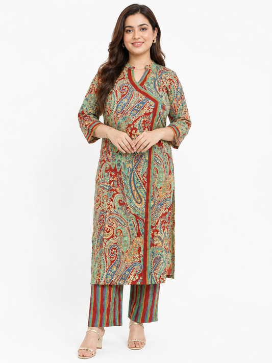 Noor kalamkari angrakha cotton Kurta & Pant Red