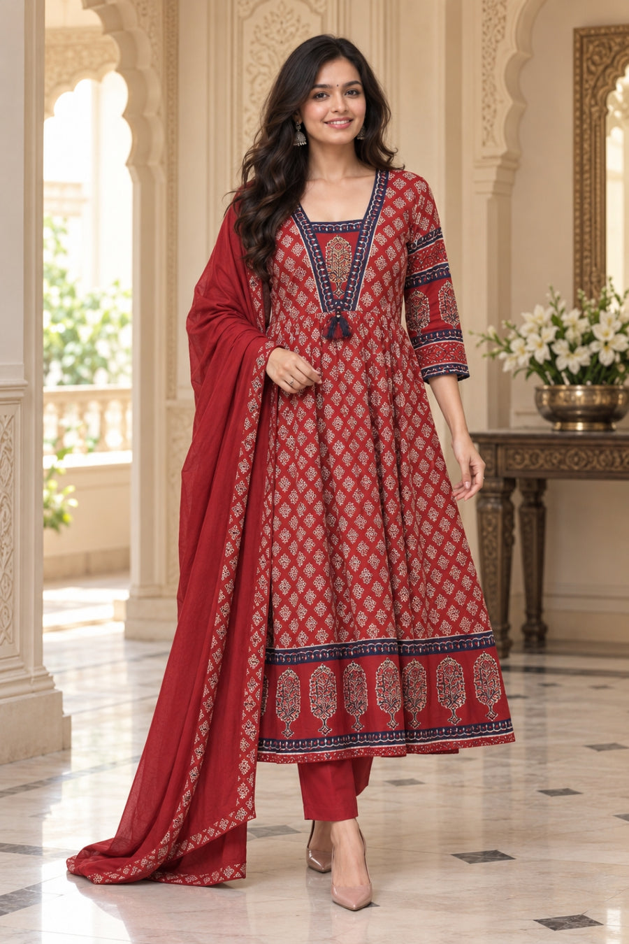 NAZAKAT cotton kurta set with pants & dupatta red