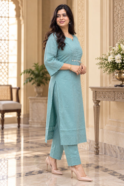 Mehar premium chikankari cotton Kurta & Pant with cotton lining blue