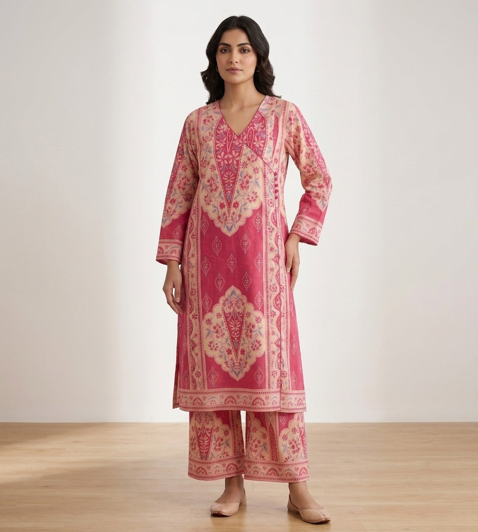 Angrakha kalamkari cotton Kurta & Pant Pink