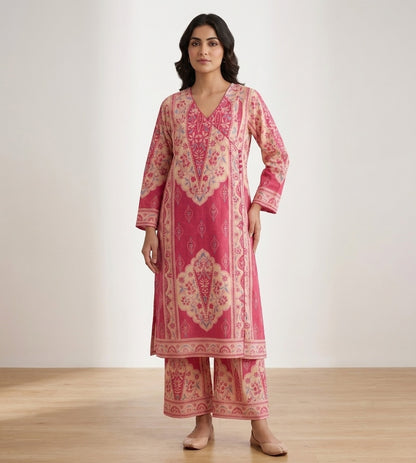 Angrakha kalamkari cotton Kurta & Pant Pink