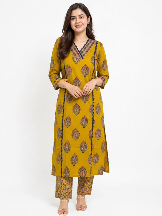 Noor kalamkari cotton Kurta & Pant Mustard
