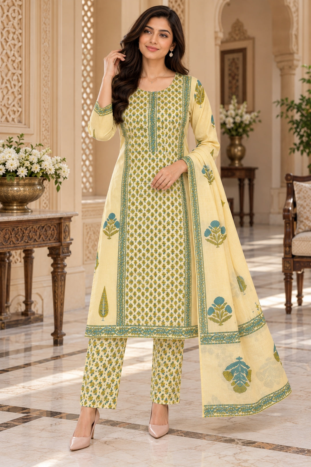 NAZAKAT cotton kurta set with pants & dupatta green