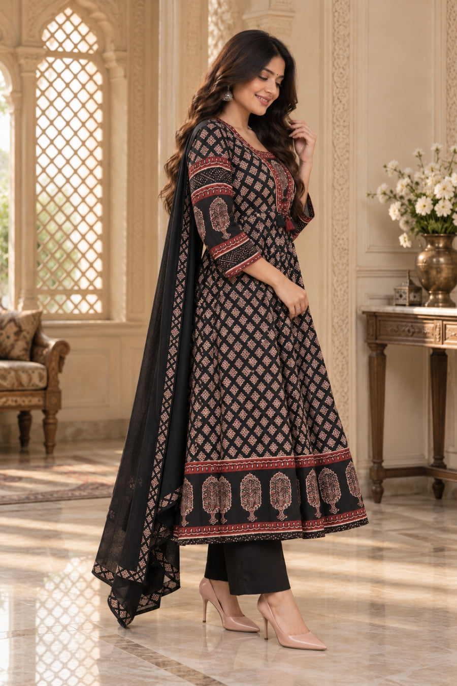 NAZAKAT cotton kurta set with pants & dupatta black