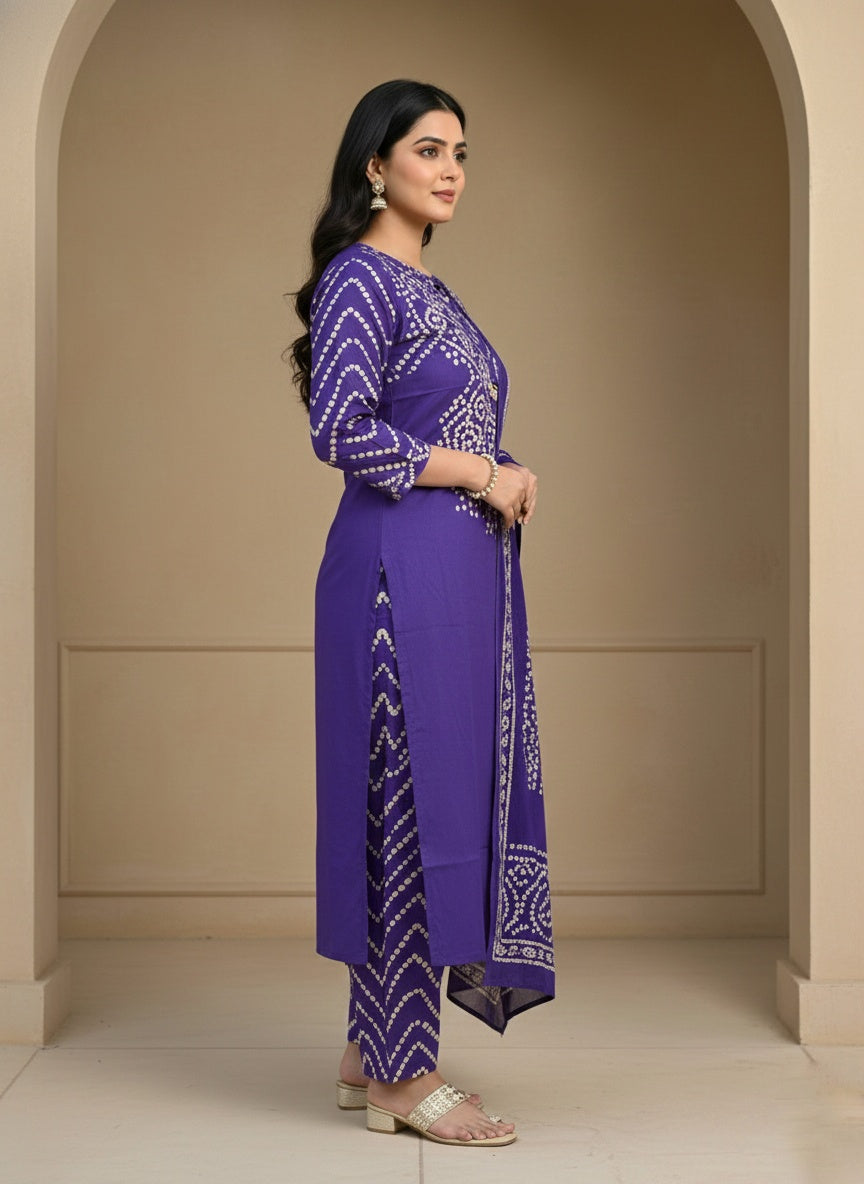 Amayra Cotton Kurta Embroidery Work Kurti Pant And Dupatta -purple