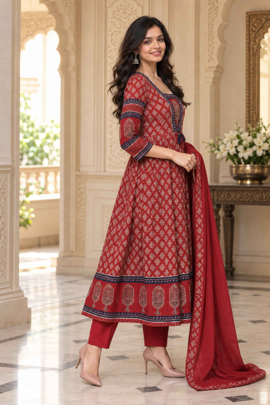 NAZAKAT cotton kurta set with pants & dupatta red