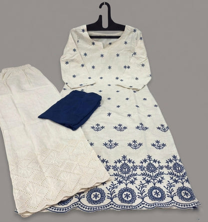 Kiara Cotton Kurta Embroidery Work Kurti Pant And Dupatta