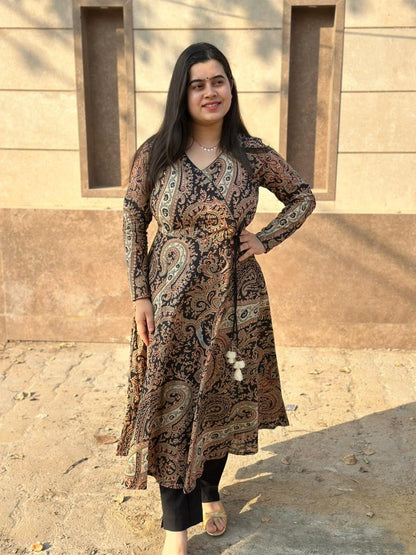 Anarkali cotton kalamkari kurti for perfect for office & daily wear - Black